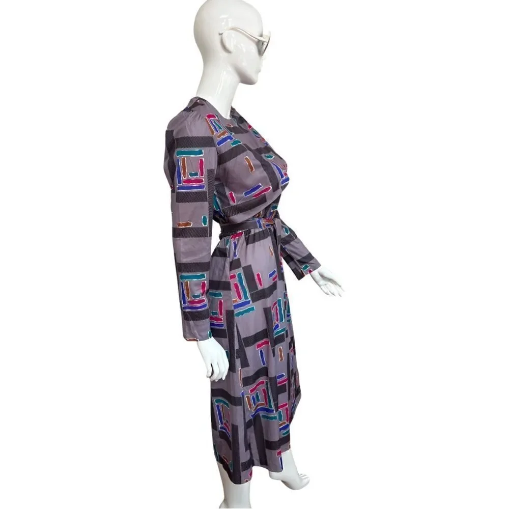 Vintage 1980s Geometric Rainbow Ruffle Neck Cinch Waist Belted Midi Dress